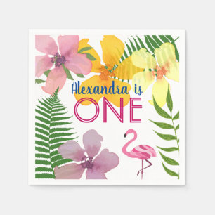 Serviette En Papier Fille au Flamant Rose 1er Anniversaire