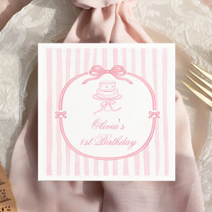 Serviette En Papier Fille au Nœud Rose Premier Anniversaire