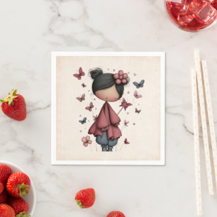 Serviette En Papier Fille avec baguette magique et papillons Mignonne