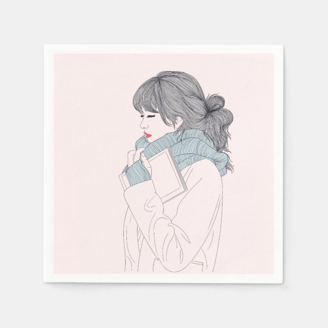 Serviette En Papier Fille avec foulard et livre (Devant)