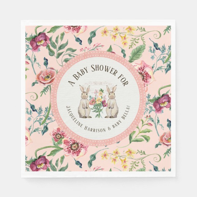 Serviette En Papier Fille Baby shower aquarelle lapins en rose floral (Devant)