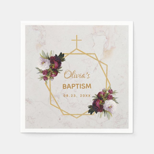 Serviette En Papier Fille Baptême Marbre Or Burgundy Peonies Floral (Devant)