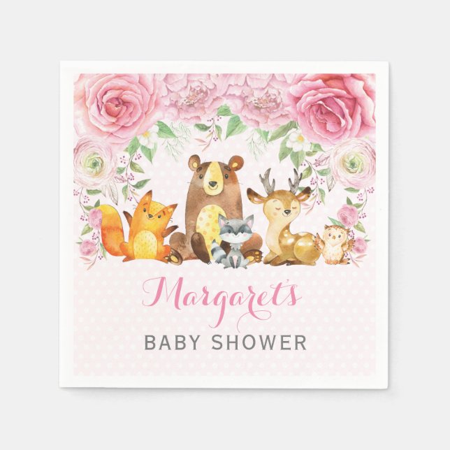 Serviette En Papier Fille Bois Animaux Baby shower rose Floral (Devant)