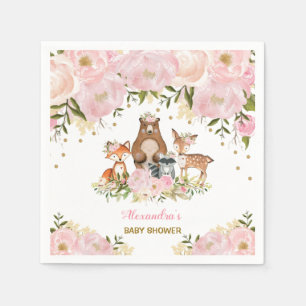 Serviette En Papier Fille Bois Animaux Pink Gold Peonies Forêt