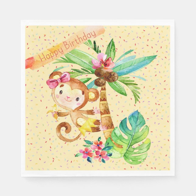 Serviette En Papier Fille d'anniversaire, mignon petit singe (Devant)