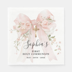 Serviette En Papier Fille de première communion roses à ruban rose per