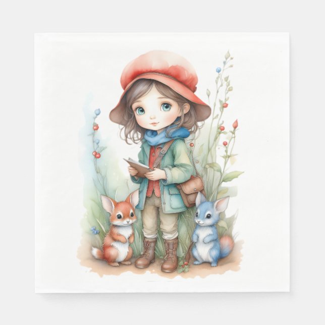 Serviette En Papier Fille mignonne avec des amis animaux à Woods (Devant)