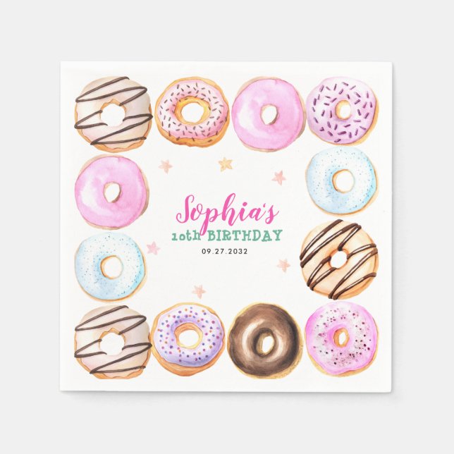 Serviette En Papier Fille Pastel Donuts Aquarelle Anniversaire (Devant)