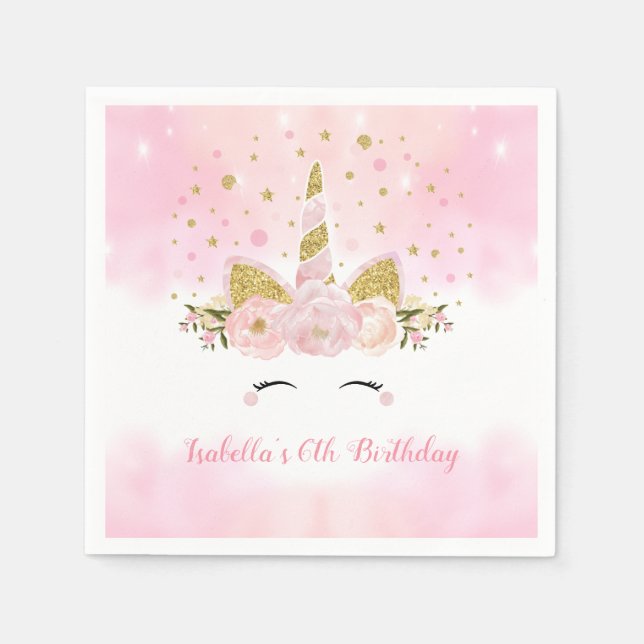 Serviette En Papier Fille Pastel Rose or Floral fête d'anniversaire (Devant)