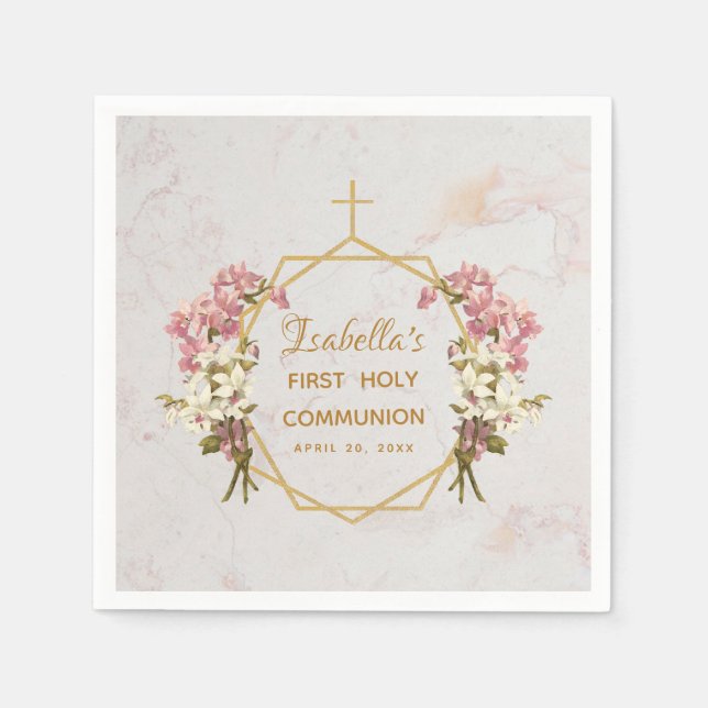Serviette En Papier Fille Première Communion Marbre Gold Croix Orchidé (Devant)