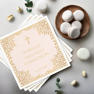 Serviette En Papier Fille première communion rose Faux or Feuilles Vin
