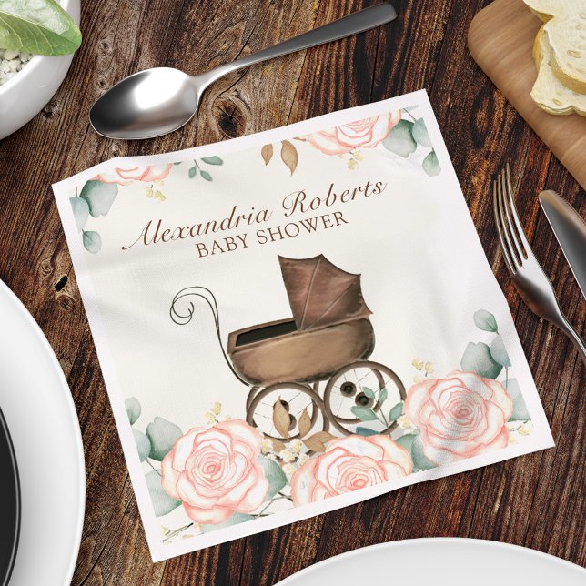 Serviette En Papier Fille rose Baby shower Floral Custom (Blush pink vintage floral baby carriage custom paper napkin.)