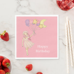 Serviette En Papier Fille Rose Coeur Etoiles Lune Ballons Anniversaire