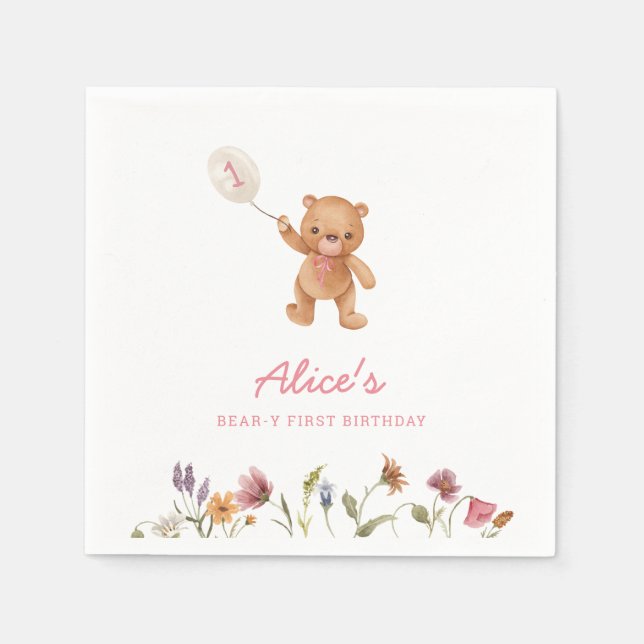 Serviette En Papier Fille rose Teddy Ours Première Invitation Annivers (Devant)