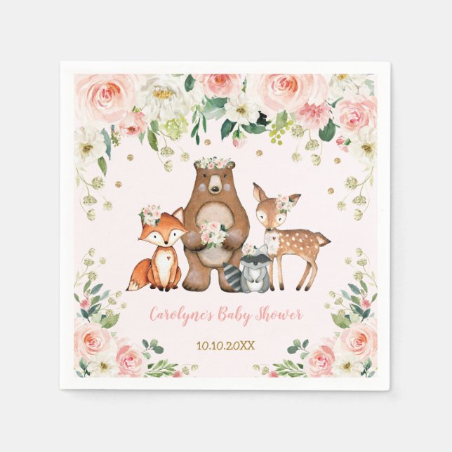 Serviette En Papier Fille Woodland Baby shower Forêt Animaux Anniversa (Devant)