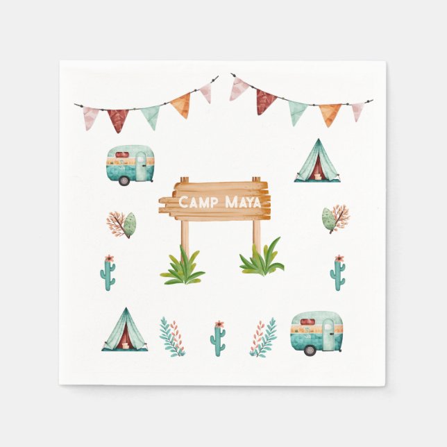 Serviette En Papier Filles camping aventure sommeil fête d'anniversair (Devant)