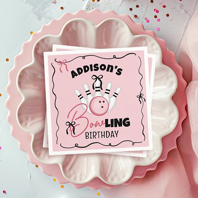 Serviette En Papier Filles de Fête d'Anniversaire Arcs de Bowling Dess (Cute funny BOWling theme girly pink and black bows custom name girl birthday party paper napkins)