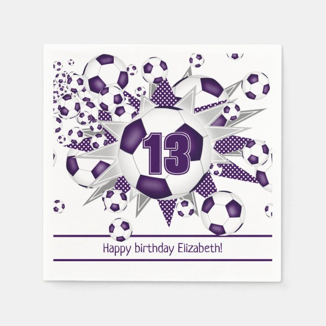 Serviette En Papier Filles violet soccer anniversaire ou fête d'équipe (Devant)