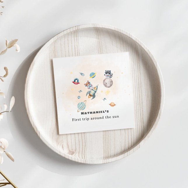 Serviette En Papier First Trip Around the Sun space animals Birthday  (Créateur téléchargé)