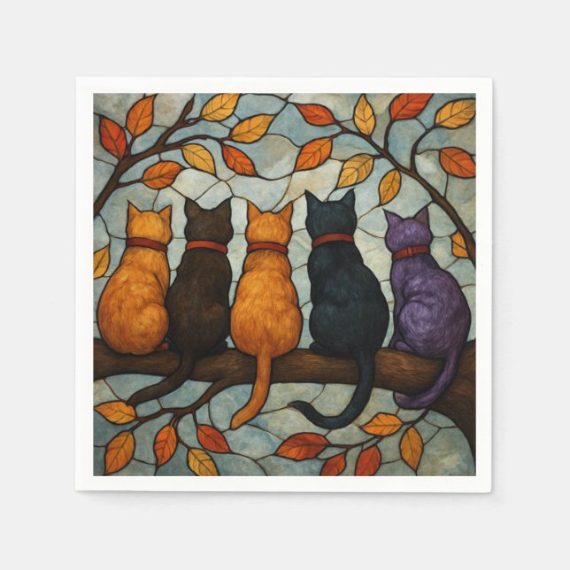 Serviette En Papier Five Cats on a Tree Branch Stained Glass Style (Devant)
