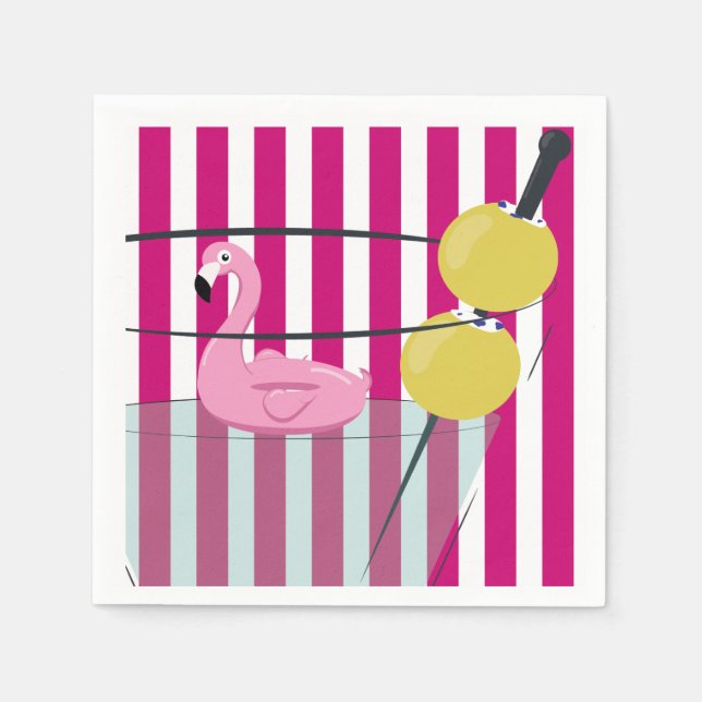Serviette En Papier Flamant rose & Cabana Stripe Cocktail Napkin - Ros (Devant)