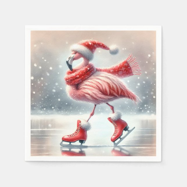 Serviette En Papier Flamant rose de Noël festif Patinage sur glace (Devant)