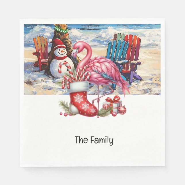 Serviette En Papier Flamant rose Noël en juillet à la plage (Devant)