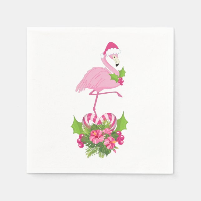 Serviette En Papier Flamant rose rose en Santa Hat avec Sucre de canne (Devant)