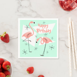 Serviette En Papier Flamants roses Retro Green Joyeux anniversaire