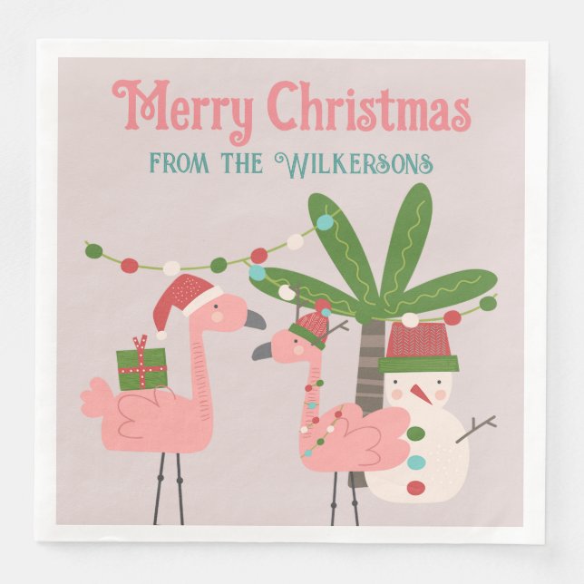 Serviette En Papier Flamants roses rose de Noël tropicaux sur Blush (Devant)