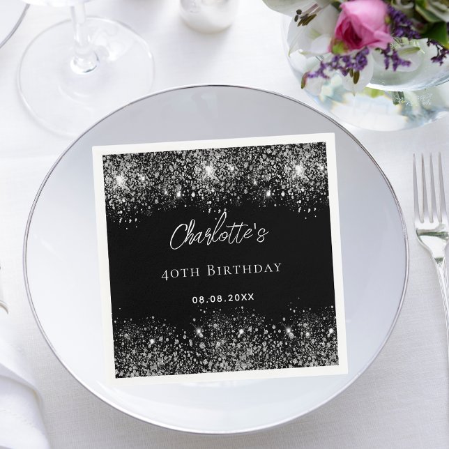 Serviette En Papier Flambée de parties scintillant noire en argent (Créateur téléchargé)