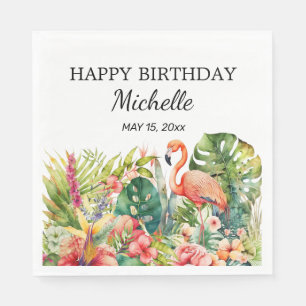 Serviette En Papier Flamingo Fleur Tropicale Joyeux Anniversaire Nom