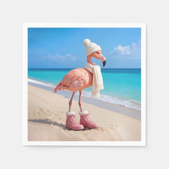 Serviette En Papier Flamingo Wearing Winter Scarf and Hat (Devant)
