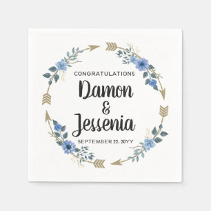 Serviette En Papier Flèches en bois rustique et Mariage floral bleu