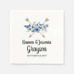 Serviette En Papier Flèches en bois rustique et Mariage floral bleu