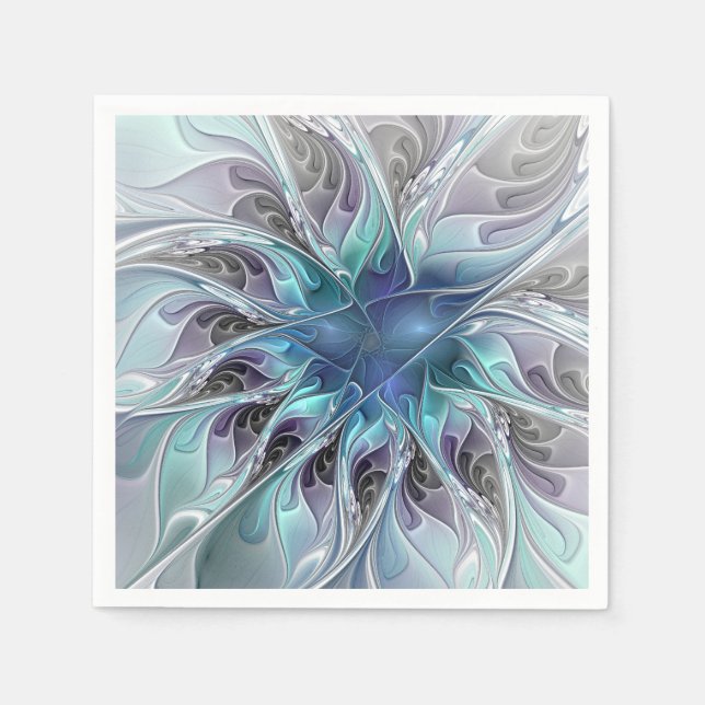 Serviette En Papier Fleur Abstraite Fractale Moderne Avec Bleu (Devant)