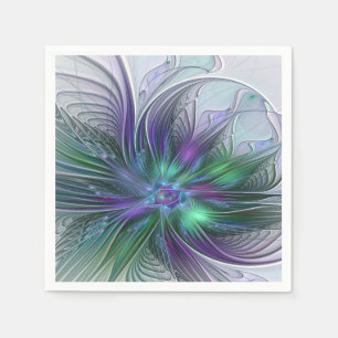 Serviette En Papier Fleur Abstraite Moderne Art Fractal Violet Vert