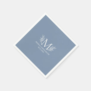 Serviette En Papier Fleur botanique monogramme blanc sur gris bleu