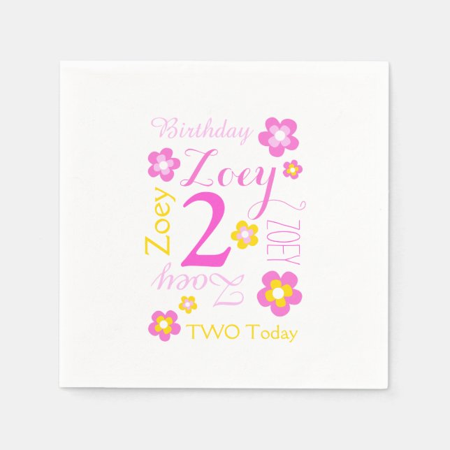 Serviette En Papier Fleur de 2e anniversaire nommée graphique jaune ro (Devant)