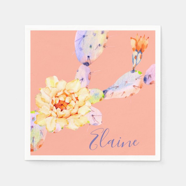 Serviette En Papier Fleur de cactus fleur désert aquarelle pêche viole (Devant)