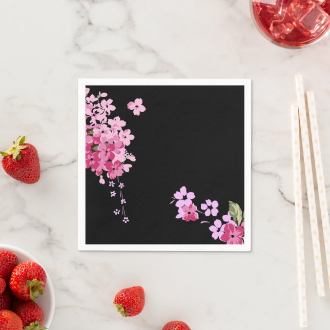 Serviette En Papier Fleur de cerise rose et noire (En situation)