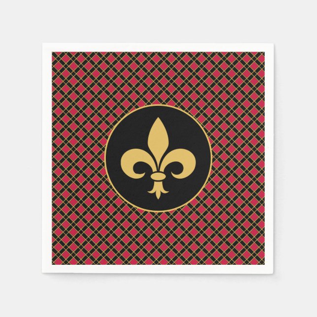 Serviette En Papier Fleur de Lis d'or en noir et rouge (Devant)