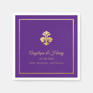Serviette En Papier Fleur de Lis Gold Purple Élégant Personnalisé