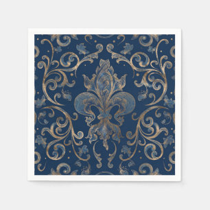 Serviette En Papier Fleur de lis, marbre bleu et or