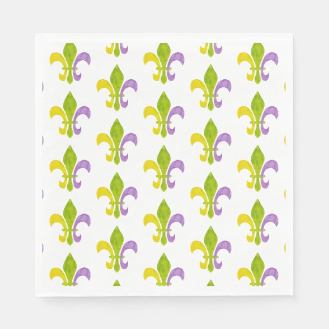 Serviette En Papier Fleur de Lis Mardi Gras sur fond blanc (Devant)