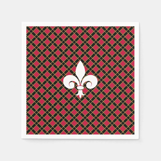Serviette En Papier Fleur de lis ou Lily Flower sur noir & rouge (Devant)