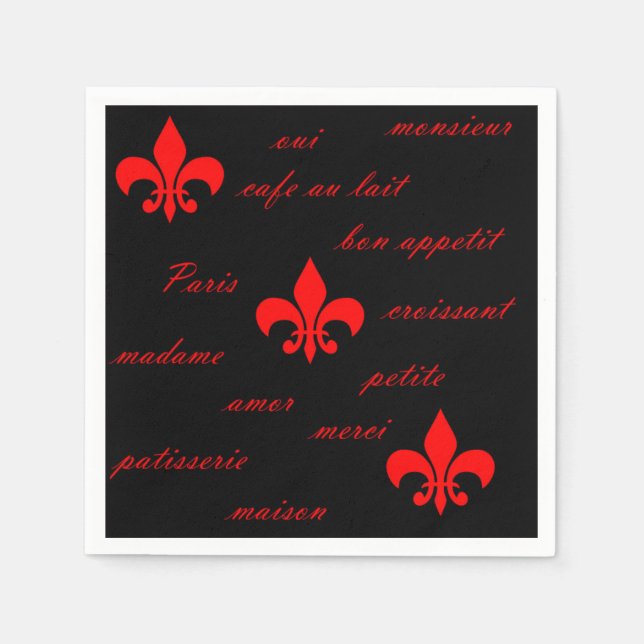 Serviette En Papier Fleur de Lis Rouge et Napkin noir (Devant)