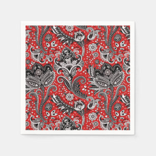 Serviette En Papier Fleur de Paisley Floral Noir Rouge et Blanc Bohème