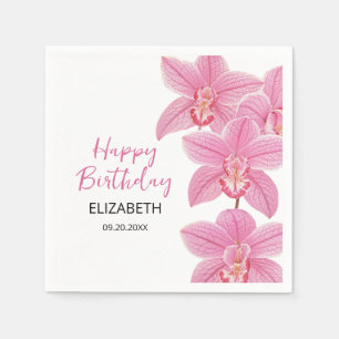 Serviette En Papier Fleur d'orchidée rose tropicale Joyeux anniversair