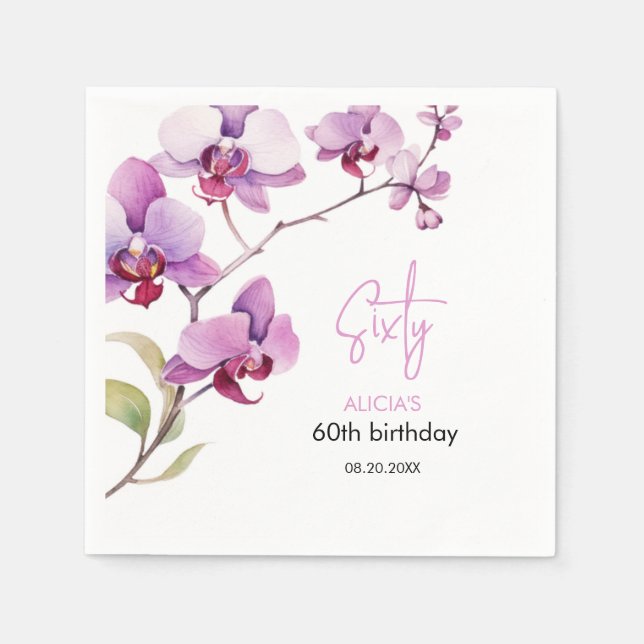 Serviette En Papier Fleur d'orchidées pourpres 60e anniversaire (Devant)